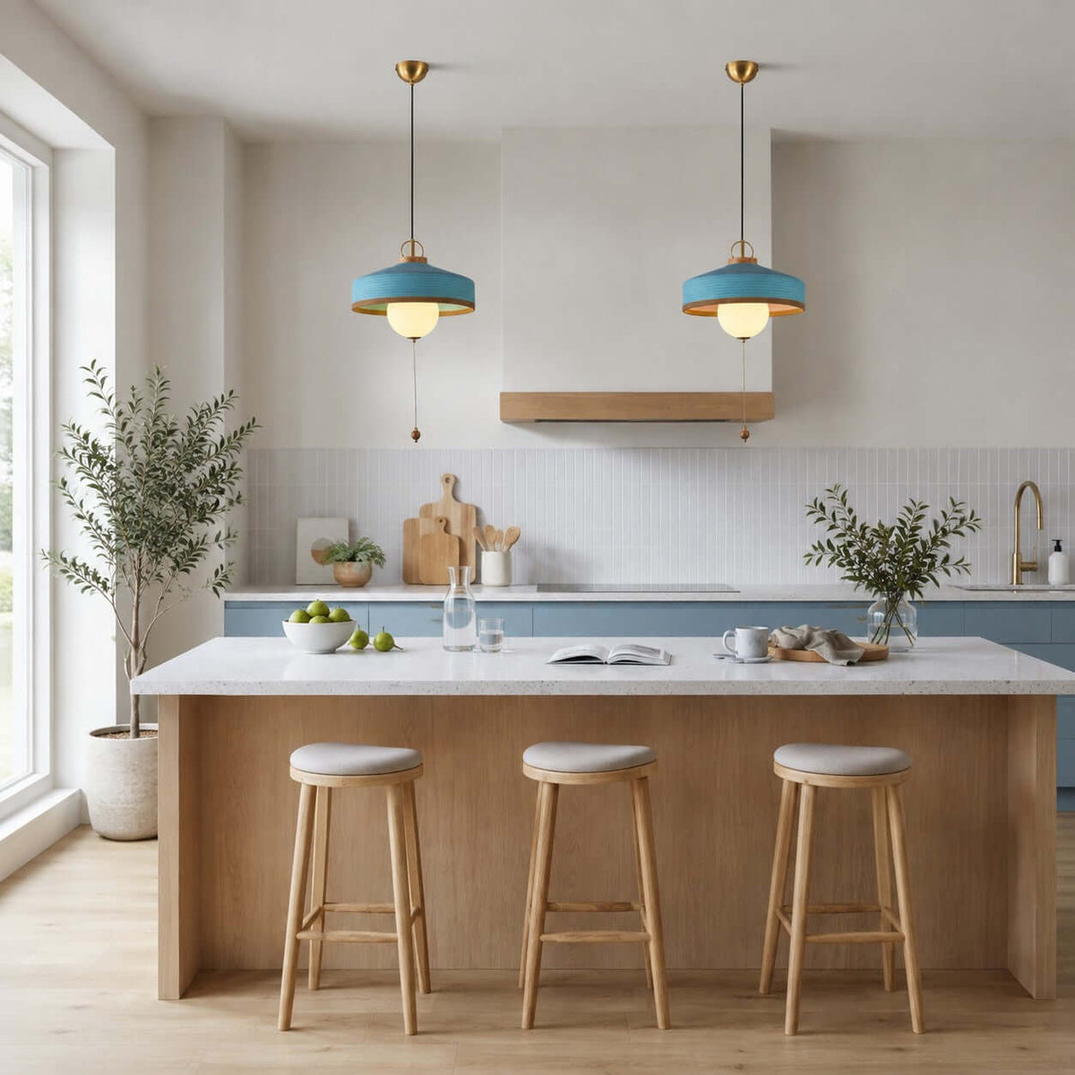 Two blue-shaded Clérachic pendants with pull chains hang above a pale wood kitchen island with three stools.