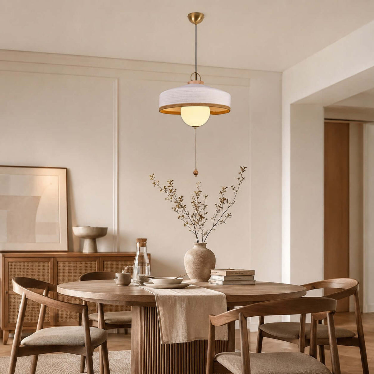 A white woven shade with a gold-toned inner rim on this Clérachic pendant, hung above a round table with a ribbed base.