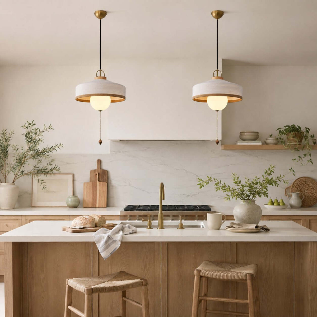 Two white-shaded Clérachic pendants with glass globes hang over a kitchen island with a brass tap and straw stools.