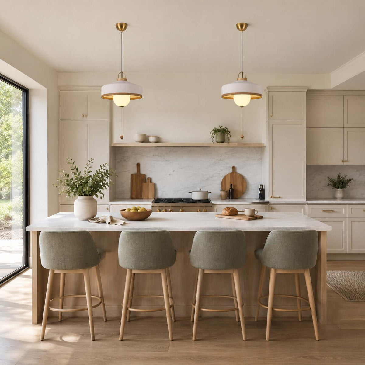A pair of white Clérachic pendants hangs above a long marble island with four grey-green upholstered stools.