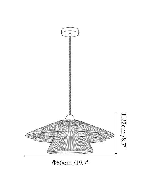 Clérachic pendant light dimension drawing, 1 of 3, every measurement marked in centimetres and inches.
