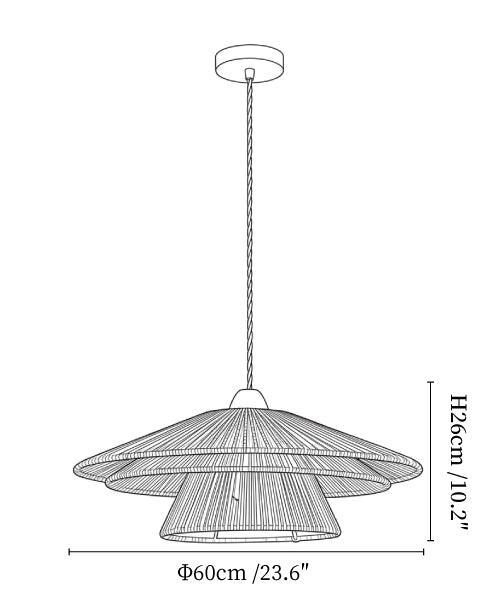 Clérachic pendant light dimension drawing, 2 of 3, every measurement marked in centimetres and inches.