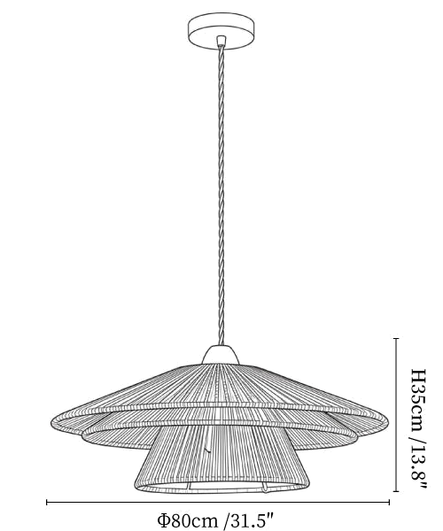Clérachic pendant light dimension drawing, 3 of 3, every measurement marked in centimetres and inches.