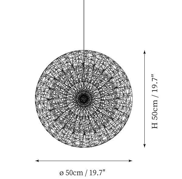 Clérachic pendant light dimension drawing, every measurement marked in centimetres and inches.