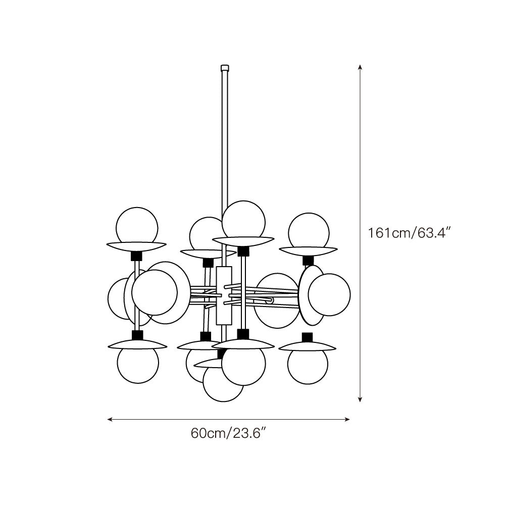 Clérachic Xenon dimension drawing giving the full height as 161cm/63.4" and the overall spread as 60cm/23.6".