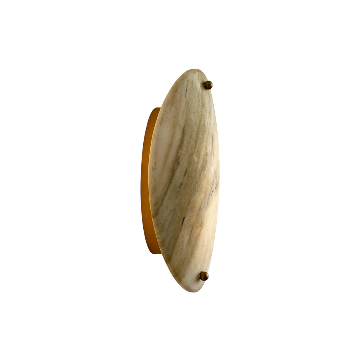 Clérachic wall lamp in profile against white, the oval stone tilting away from its round gold-brass backplate.