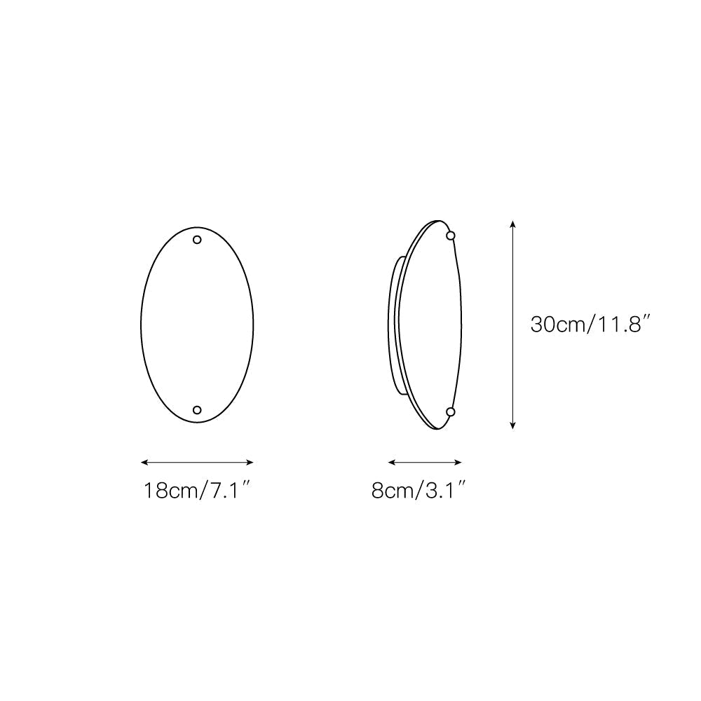 Clérachic wall lamp dimension drawing: 18 cm / 7.1 in wide, 8 cm / 3.1 in deep and 30 cm / 11.8 in tall.
