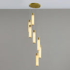 Clérachic Zeal chandelier angled to show how each alabaster drop clears the one hanging above it in the spiral.