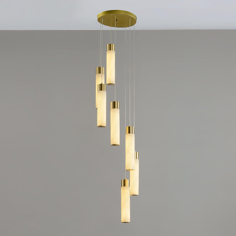 Clérachic Zeal chandelier angled to show how each alabaster drop clears the one hanging above it in the spiral.