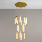 Clérachic Zeal chandelier in its widest cluster, eighteen alabaster drops arranged in tiered rows under a brass plate.