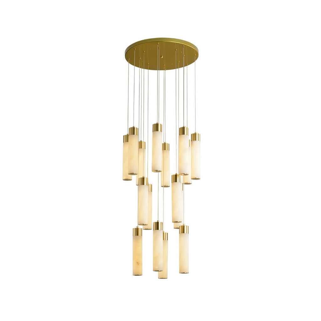 Clérachic Zeal chandelier cut out on white, showing the full brass canopy and the cluster of alabaster drops below.