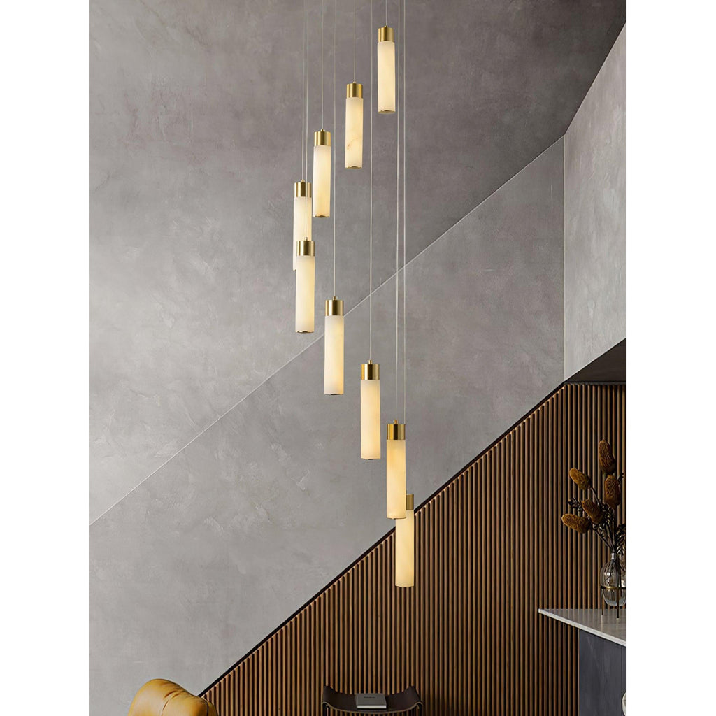 The Clérachic Zeal cascade filling a stairwell wall of grey plaster and slatted timber.