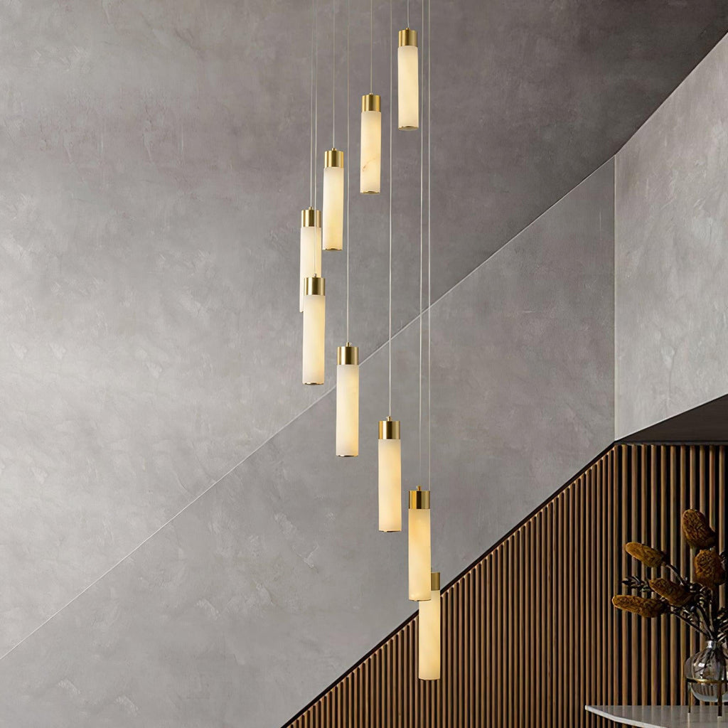 The Clérachic Zeal chandelier seen from further back in the same stairwell, showing the full length of the spiral.