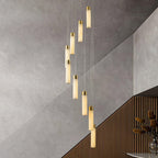 The Clérachic Zeal chandelier seen from further back in the same stairwell, showing the full length of the spiral.