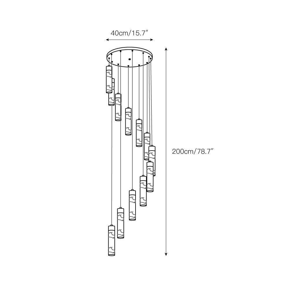 Clérachic Zeal dimension drawing for the 12-drop version, 40 cm / 15.7 in wide with a 200 cm / 78.7 in drop.