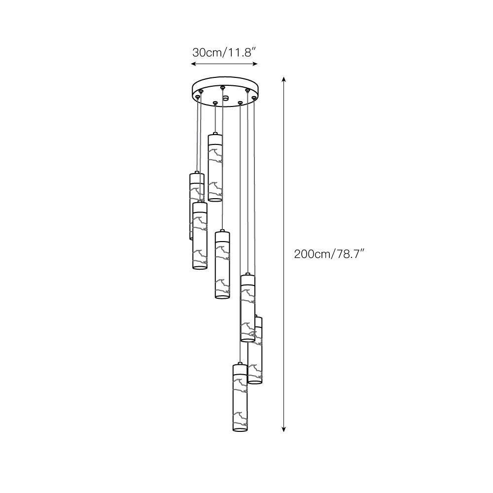 Clérachic Zeal sizing drawing for the seven-drop version: 30 cm / 11.8 in across, 200 cm / 78.7 in tall.