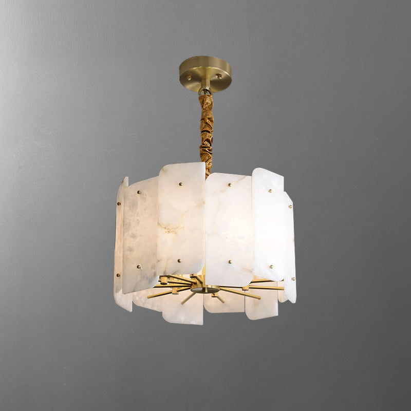 Clérachic Zoe two-tier alabaster chandelier in the five-light size, its brass canopy and twisted stem shown against a grey studio wall.