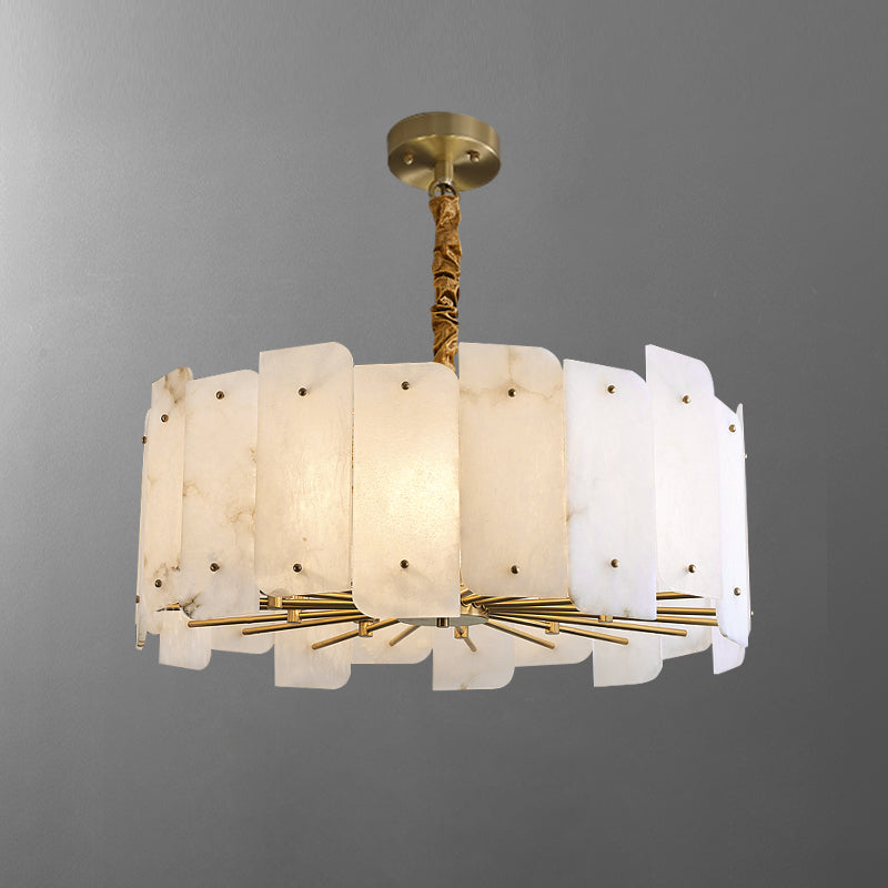 Second studio view of the Clérachic Zoe alabaster chandelier, showing the full width of the drum and its round brass ceiling canopy.