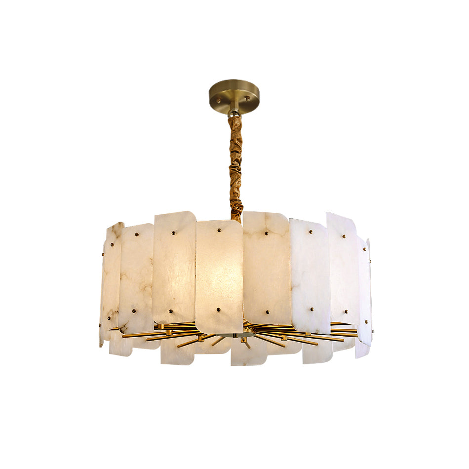 Clérachic Zoe two-tier alabaster chandelier lit on a plain white background, with the full ceiling canopy and stem drop in frame.