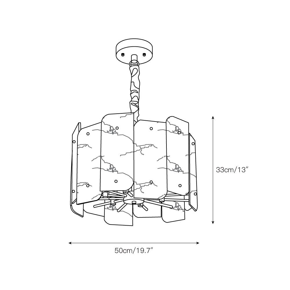 Dimension drawing of the five-light Clérachic Zoe alabaster chandelier, 50cm/19.7″ wide and 33cm/13″ high.