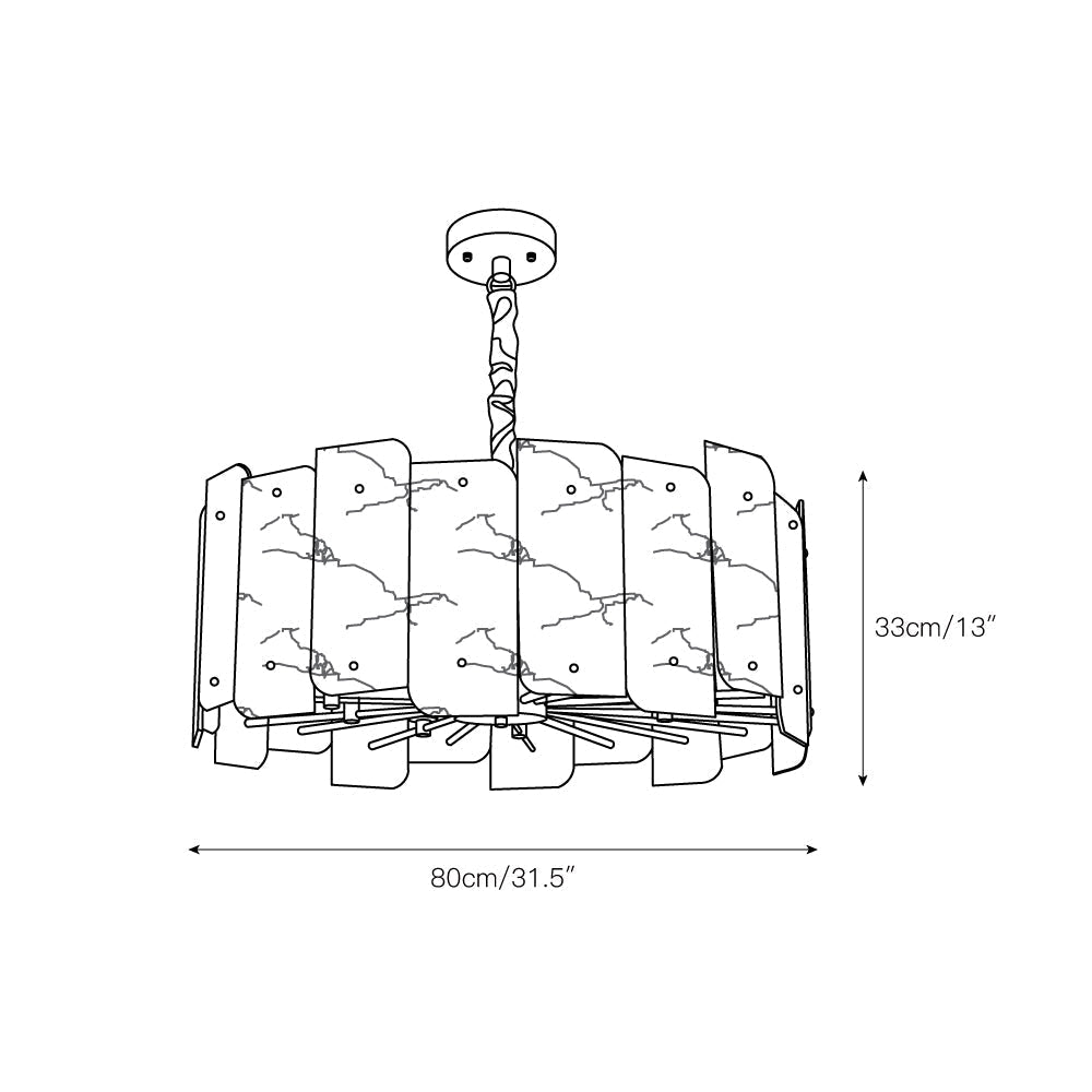 Dimension drawing of the ten-light Clérachic Zoe alabaster chandelier, 80cm/31.5″ wide and 33cm/13″ high.