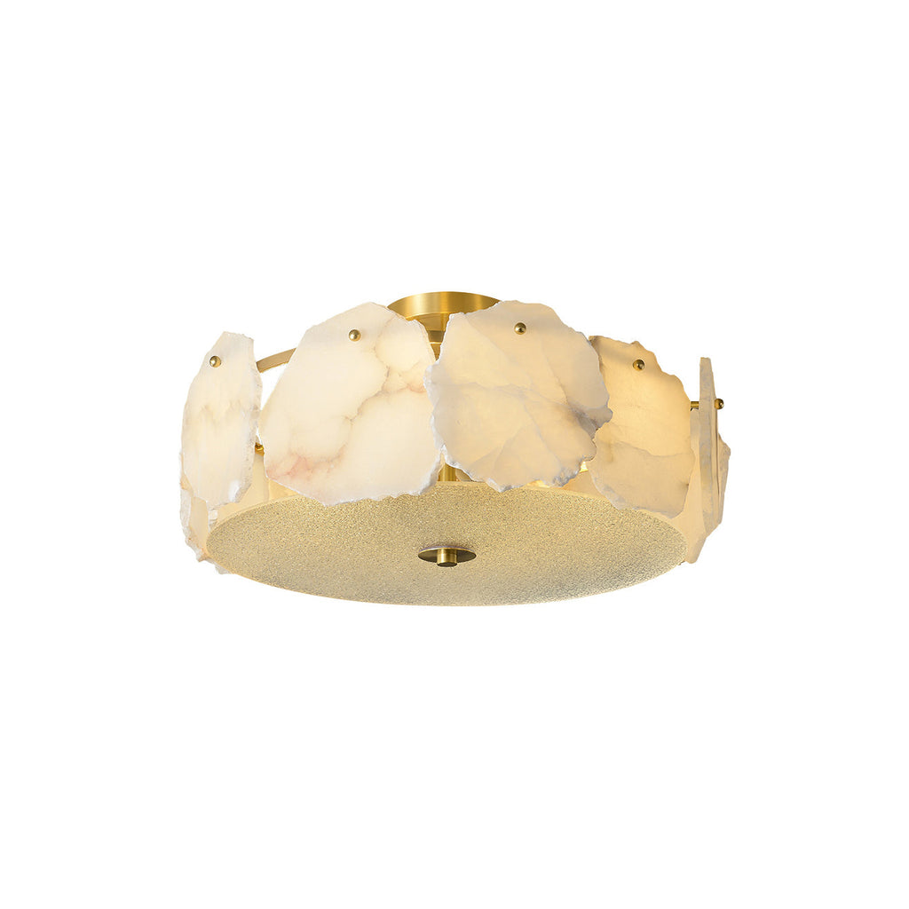 Clérachic disc ceiling light photographed unlit on white, showing its low brass-and-alabaster drum profile.