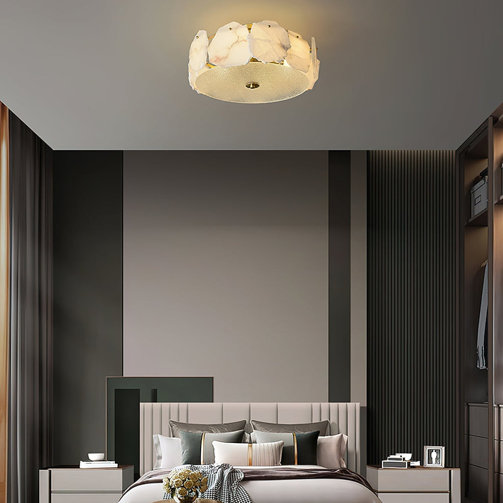 The Clérachic ceiling light fitted in a dark-panelled bedroom, sitting flat against the ceiling above the bed.
