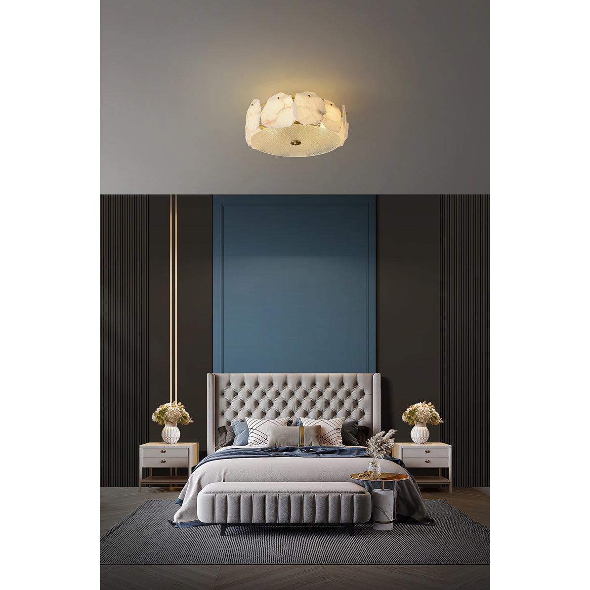 The Clérachic ceiling light over a deep-buttoned bed set into a blue alcove, alabaster glowing softly.