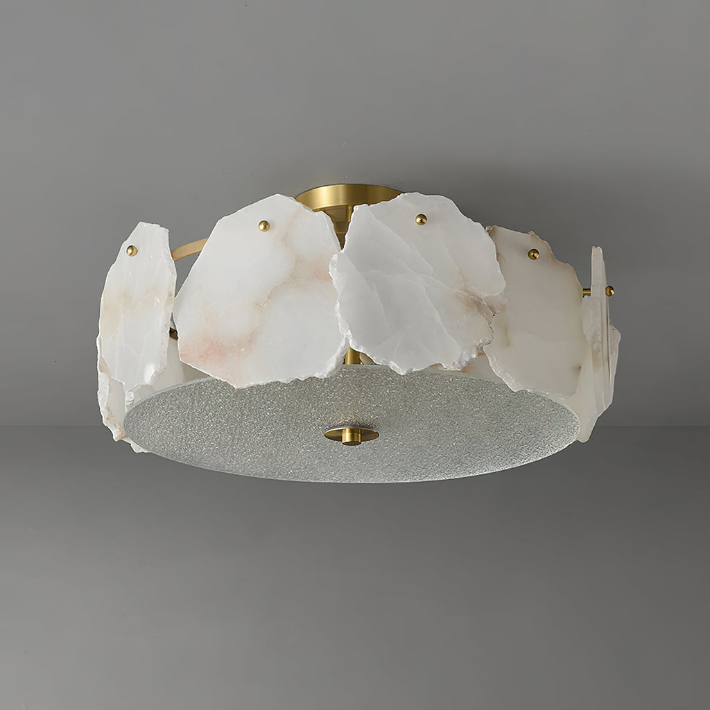 Clérachic ceiling light shown side-on, the alabaster slabs standing proud of the frosted glass base disc.