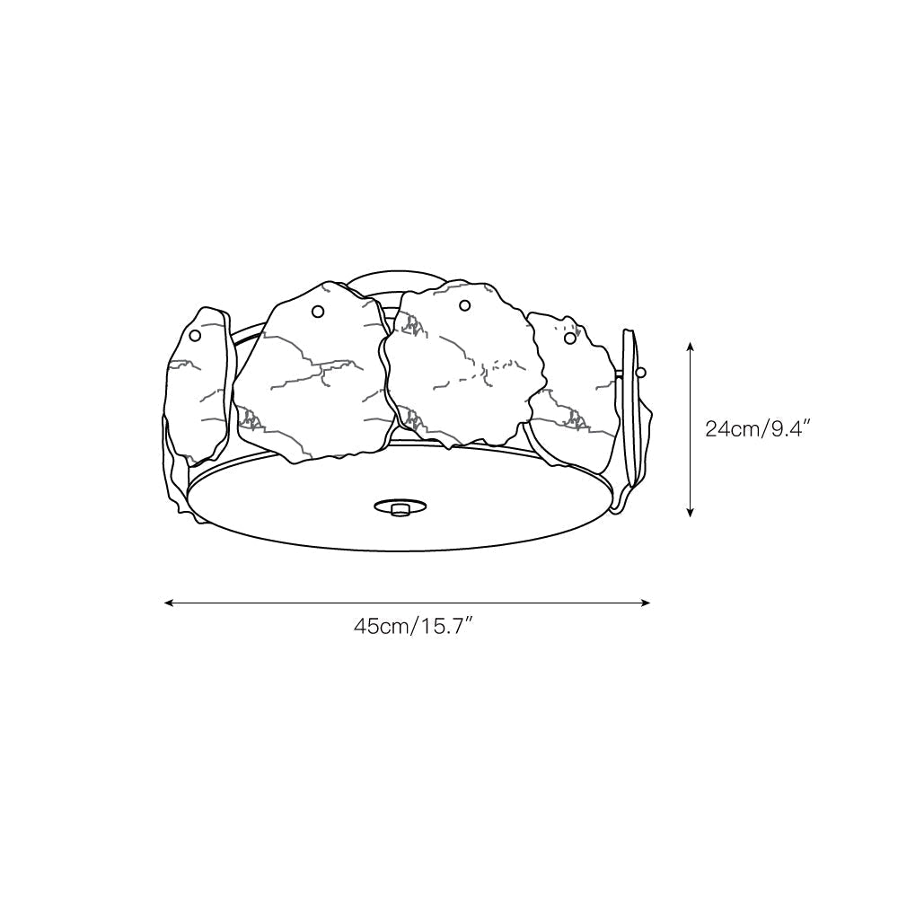 Line drawing of the Clérachic ceiling light, marked 45 cm across and 24 cm deep with the alabaster ring shown.