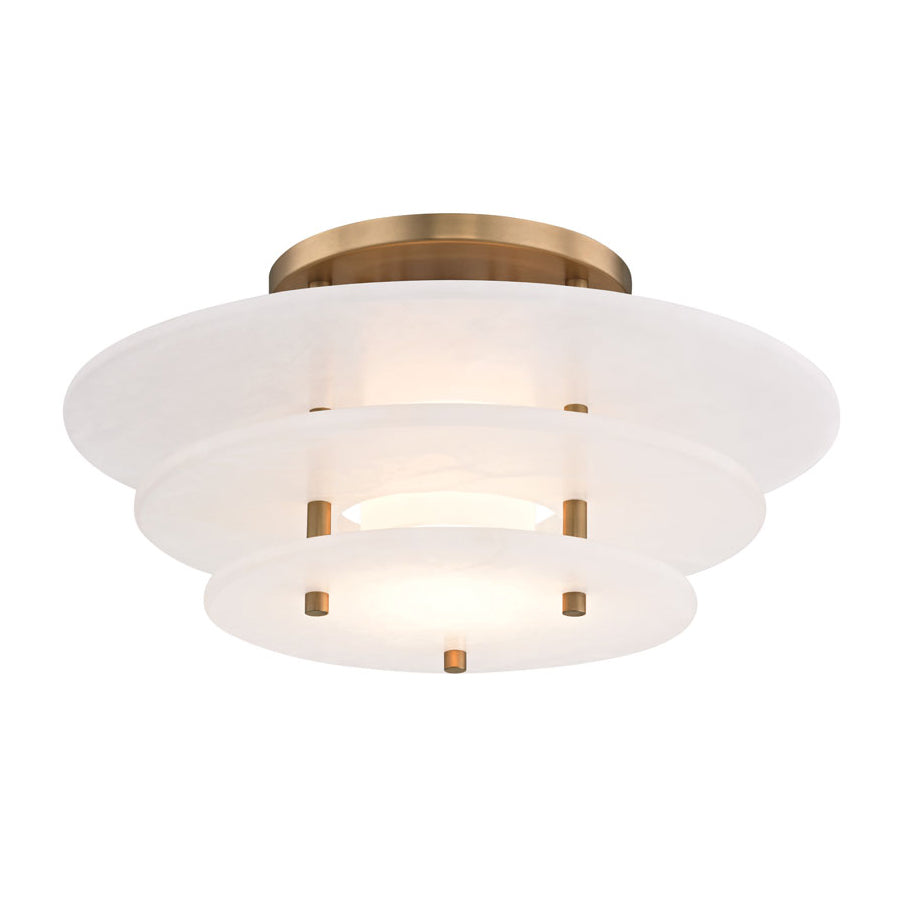 Clérachic Zovena semi-flush light shown level, the widest alabaster disc uppermost and the smallest closing the stack underneath.