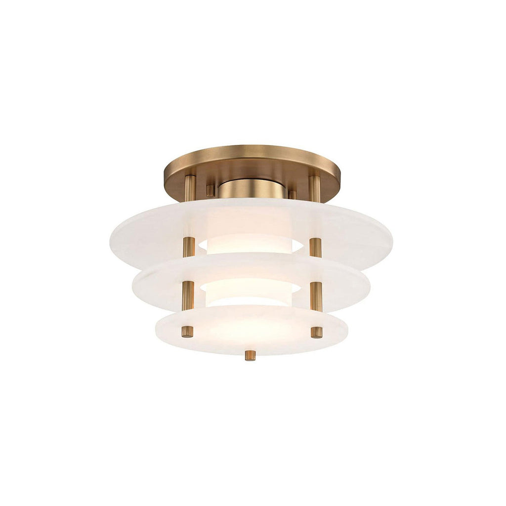 Clérachic Zovena semi-flush ceiling light switched on against white, warm bands of light glowing out between each pair of alabaster tiers.