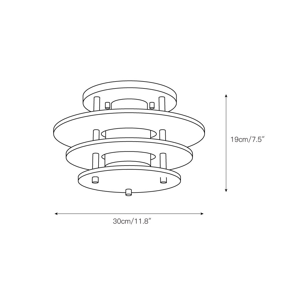Dimension drawing for the small Clérachic Zovena semi-flush ceiling light, 30 cm (11.8″) wide and 19 cm (7.5″) high.