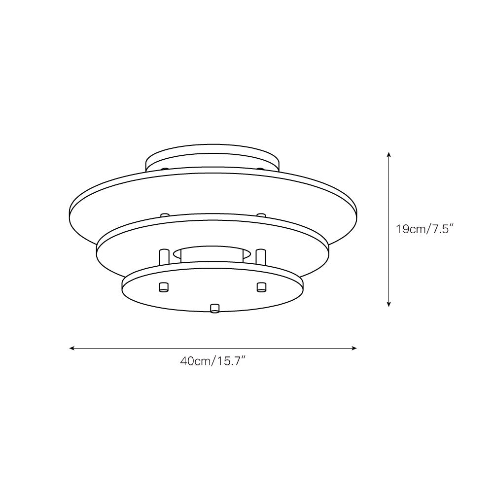 Dimension drawing for the large Clérachic Zovena semi-flush ceiling light, 40 cm (15.7″) wide and 19 cm (7.5″) high.