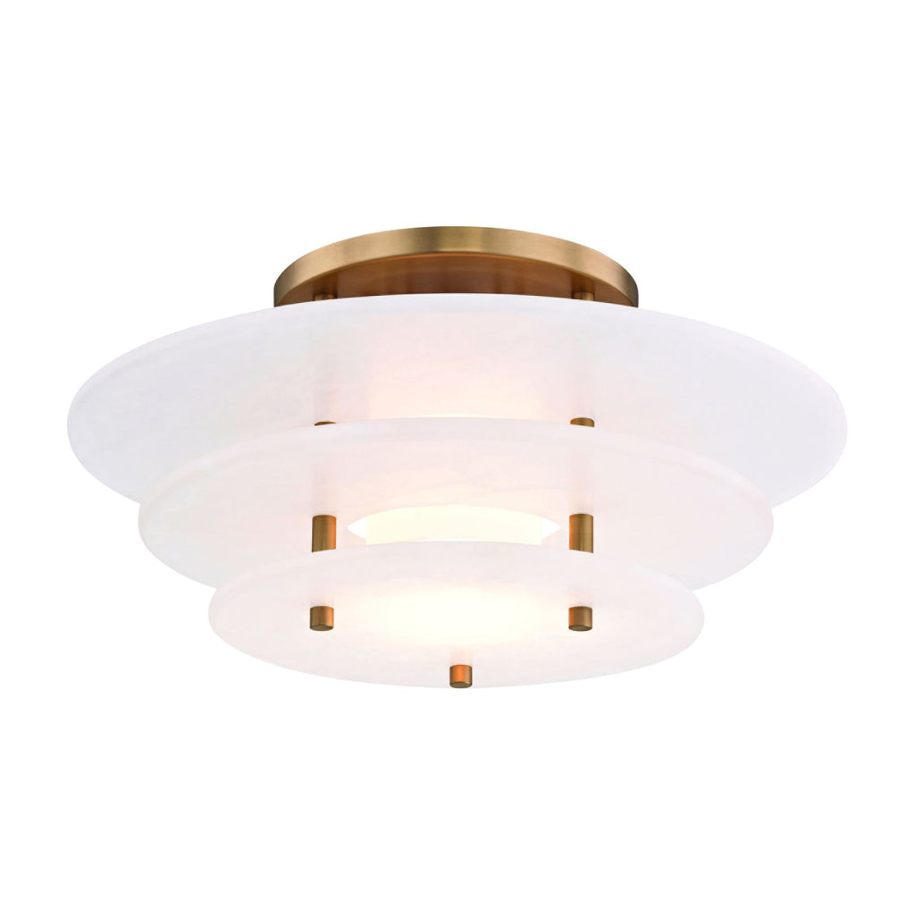 Close view of the Clérachic Zovena ceiling light showing the brass standoffs pinning the alabaster discs apart and the veining in the stone.