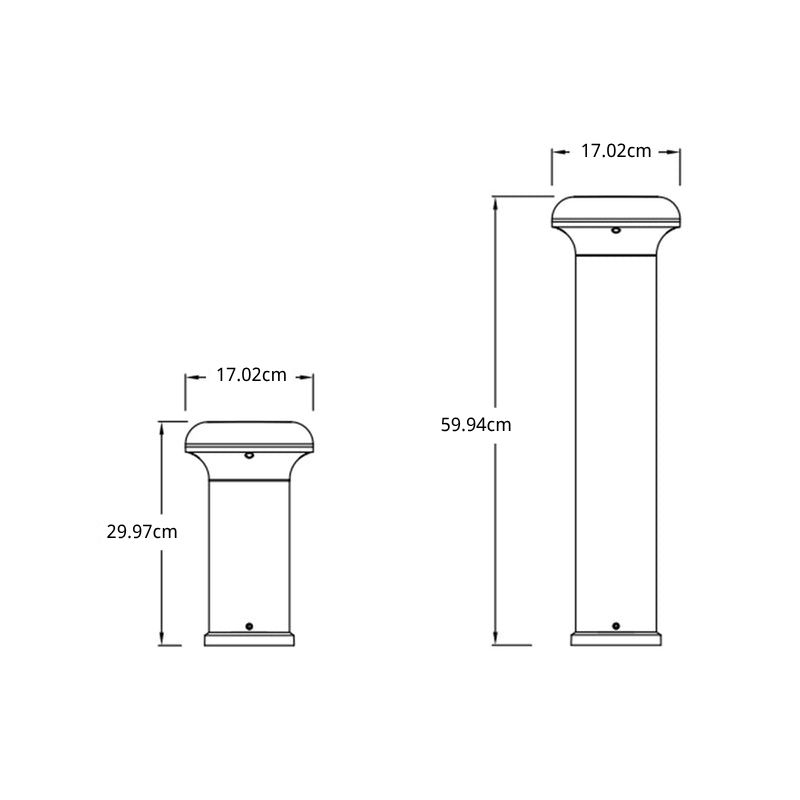 Black and white line drawing showing two versions of a cylindrical post or fixture with dimension labels: 17.02 cm width at the top, 29.