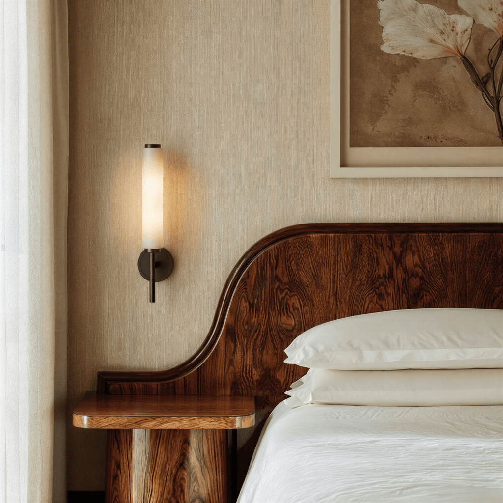 Clérachic Colen wall lamp in black lit beside a curved dark-wood headboard, above a wooden bedside table.