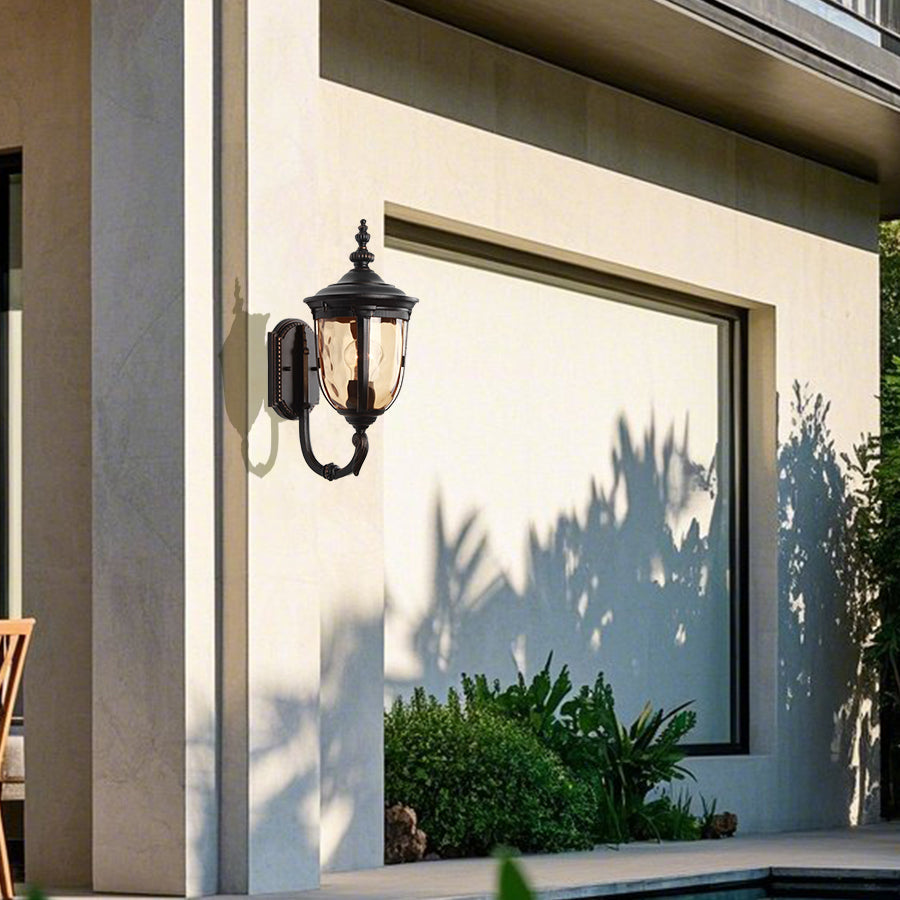 Champagne Glass Outdoor Wall Light With Black Die-Cast Aluminum Frame