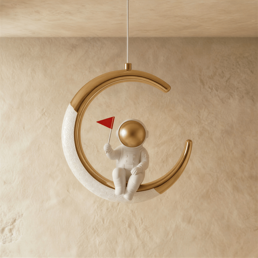 Clérachic moon pendant light in gold, the astronaut figure and glowing edge shown from another angle.