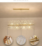 A rectangular gold-bar pendant appears with three round close-up insets of its hardware and branches, a different Clérachic fixture from this chandelier.