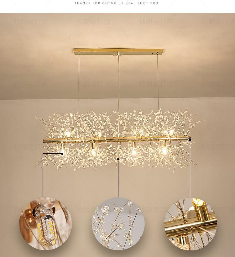A rectangular gold-bar pendant appears with three round close-up insets of its hardware and branches, a different Clérachic fixture from this chandelier.