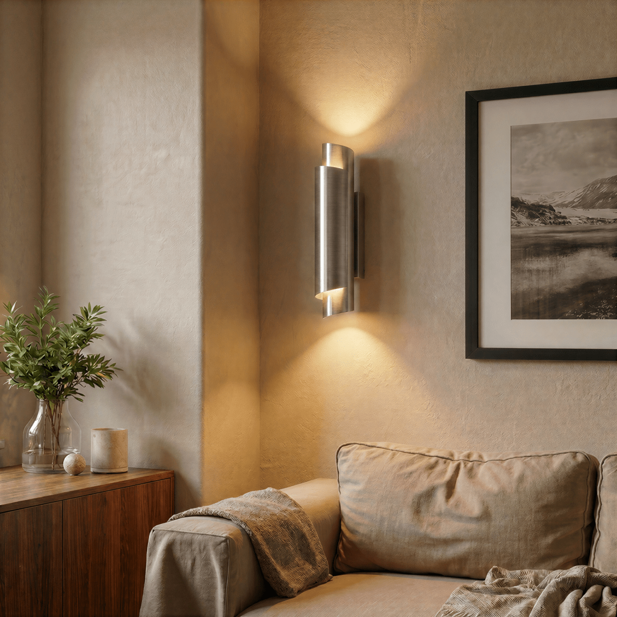 Clérachic chrome wall sconce glowing above a beige sofa in a living room, beside a framed black-and-white landscape print.