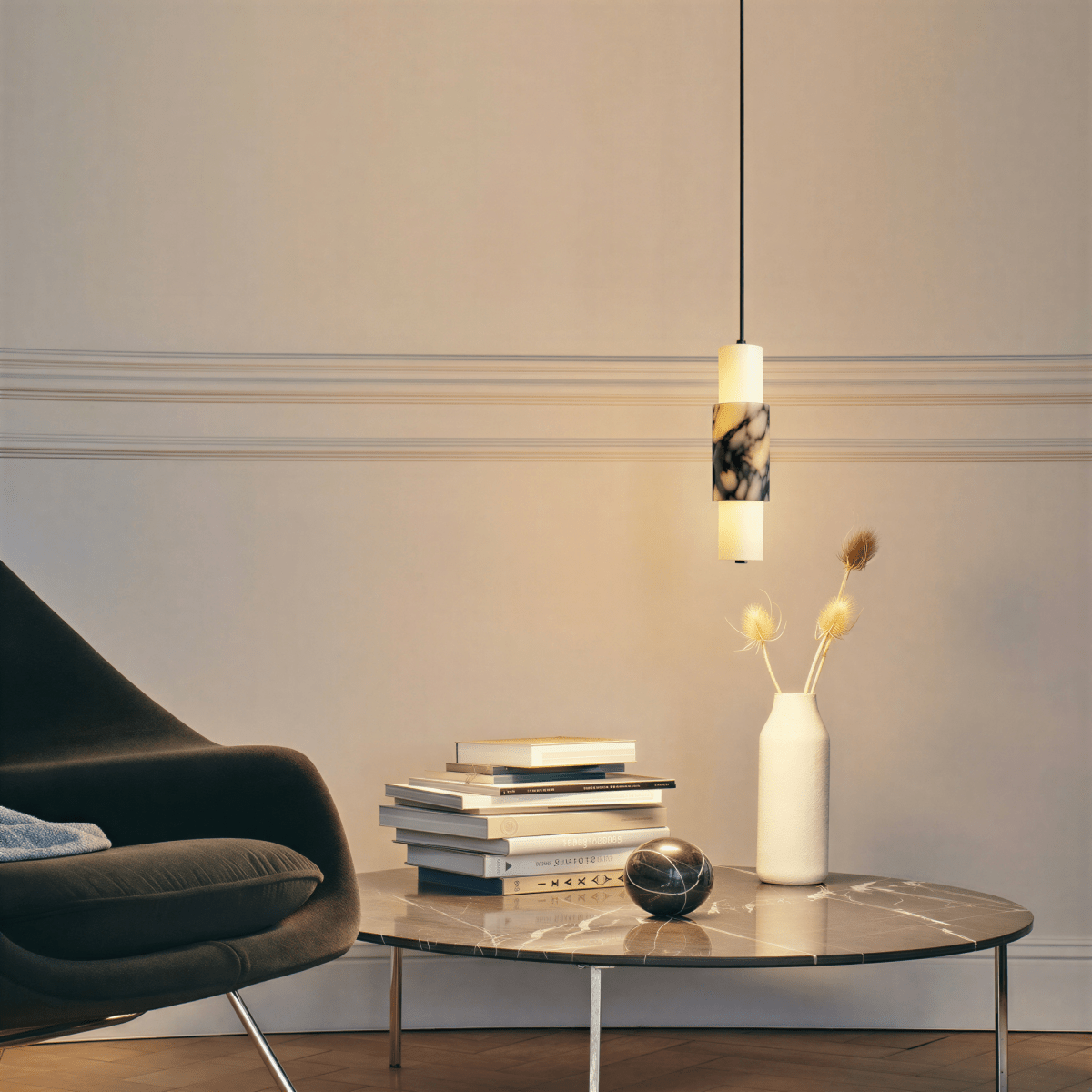 Clérachic marble pendant hanging above a kitchen island
