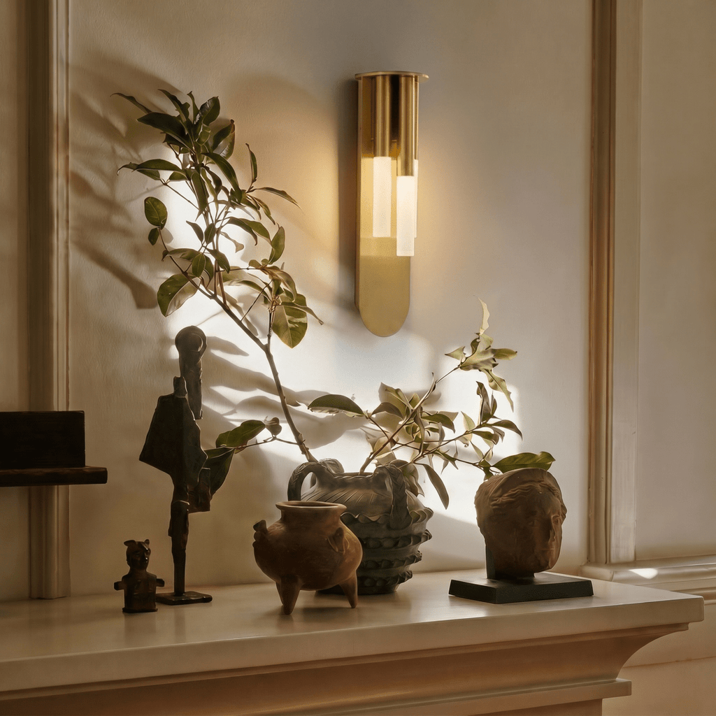 Clérachic tall wall light lit in a hallway, drawing the eye upward