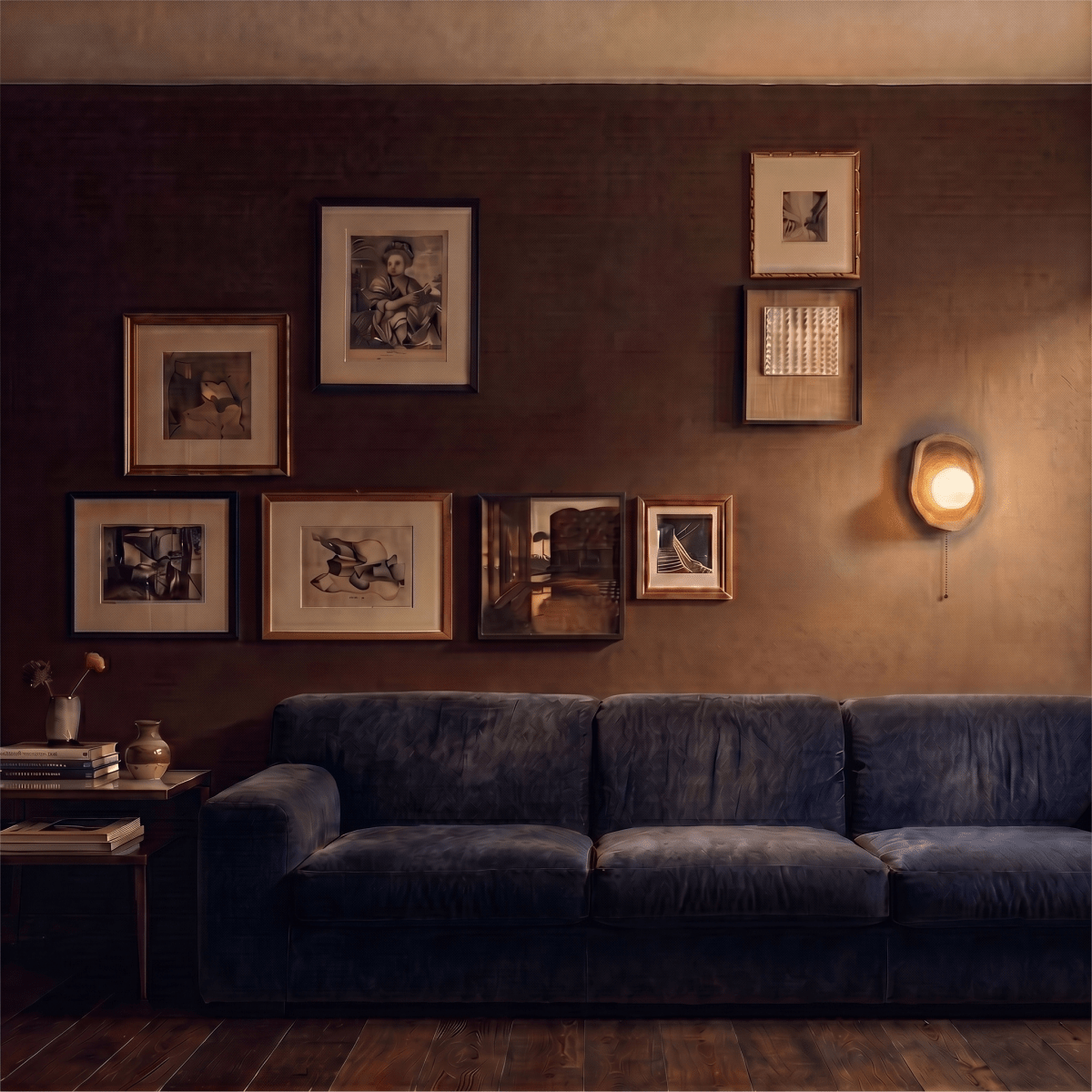 Clérachic wood wall lamp shown small in scale on a dark gallery wall crowded with framed prints, above a navy velvet sofa.