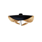 Curved disc ceiling light seen against a pale wall
