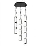 Studio shot of this Clérachic pendant's three-stem fixture, each strand holding a stack of small glass cylinders.