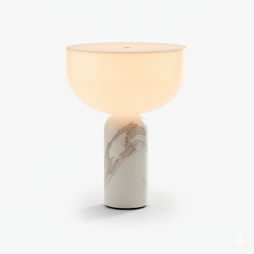 This Clérachic sphere table lamp in grey-veined white marble, lit and photographed against a plain grey background.