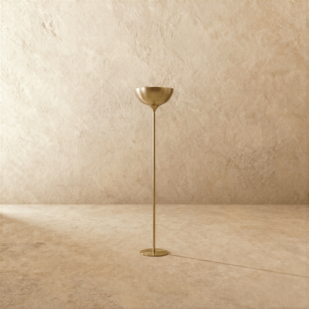 Clérachic floor lamp in polished brass, the bowl shade and slim stem shown from another angle.