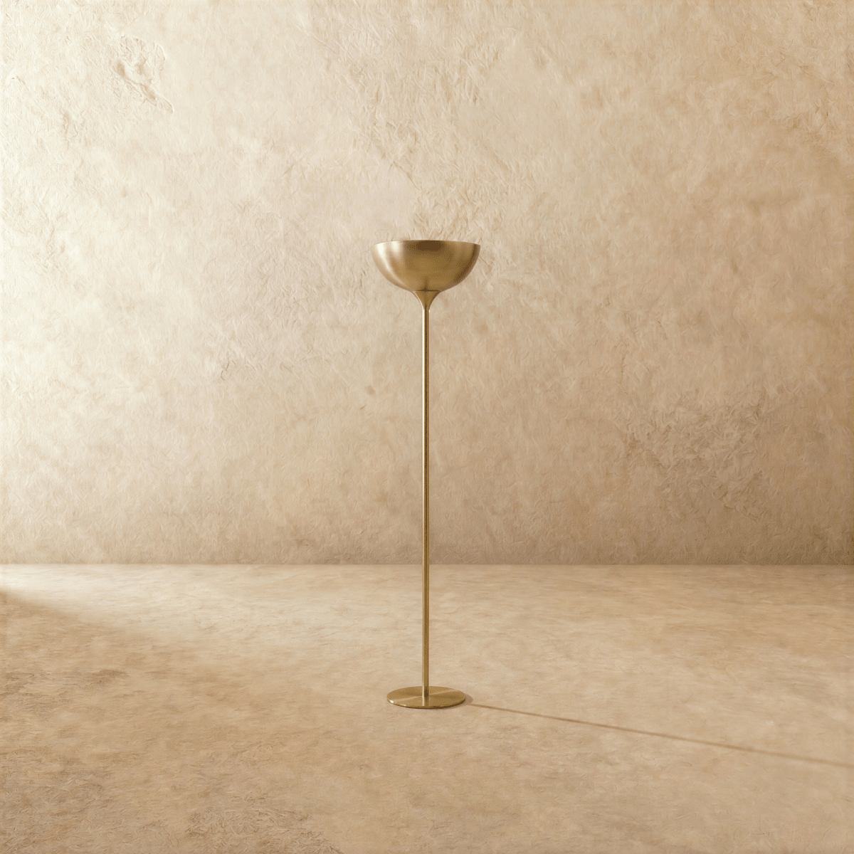 Clérachic floor lamp in polished brass, the bowl shade and slim stem shown from another angle.